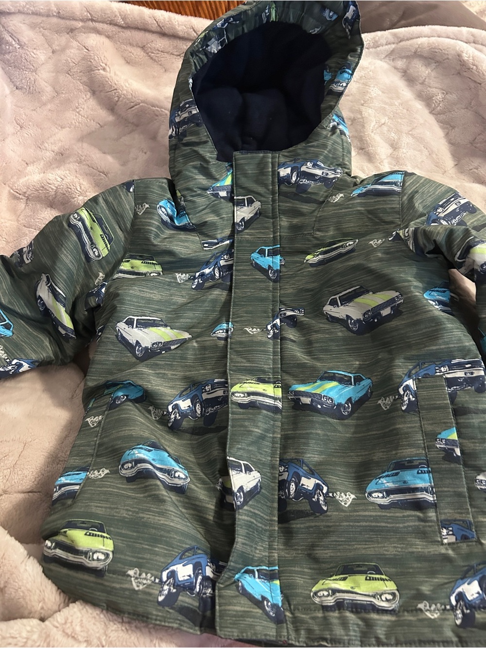 The Children's Place Green Hooded Puffer Jacket with Blue & Lime Car Print